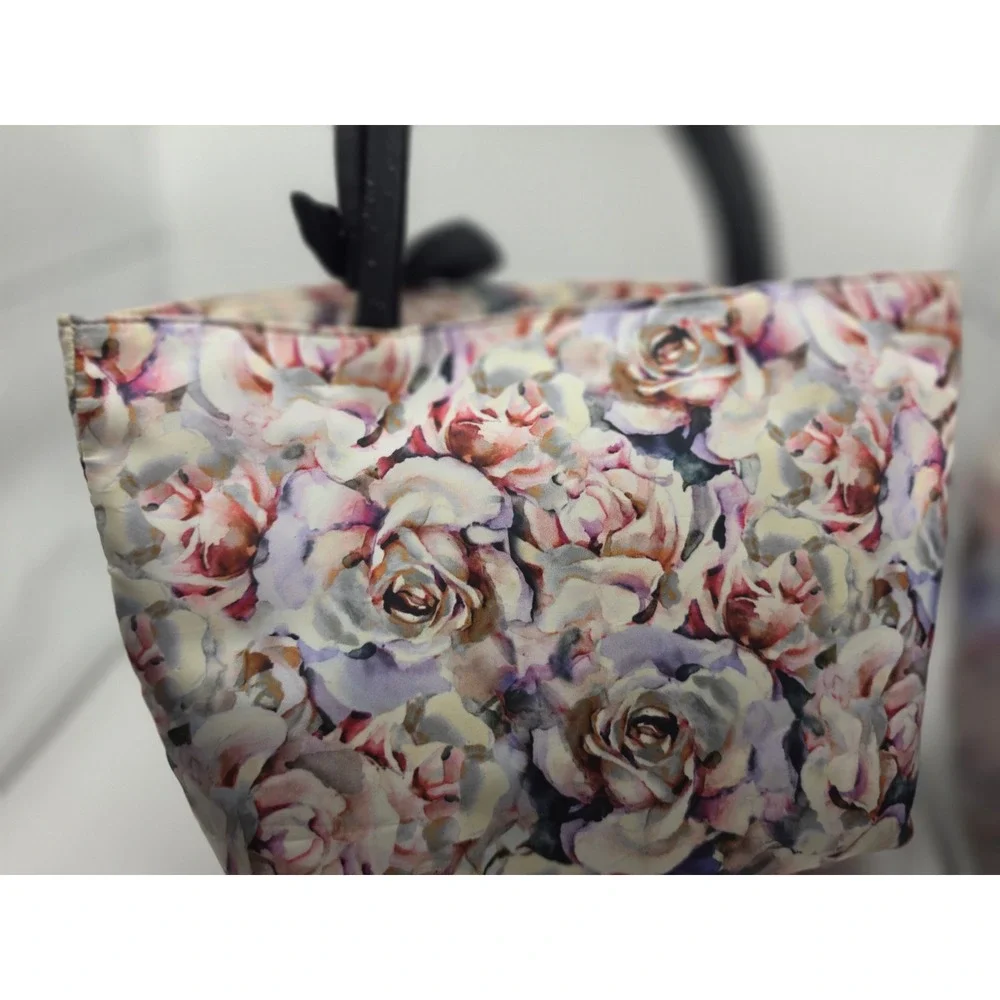 Floral Watercolor Rose Mini Tote Bag with Black Bow Detail and Padded Handles